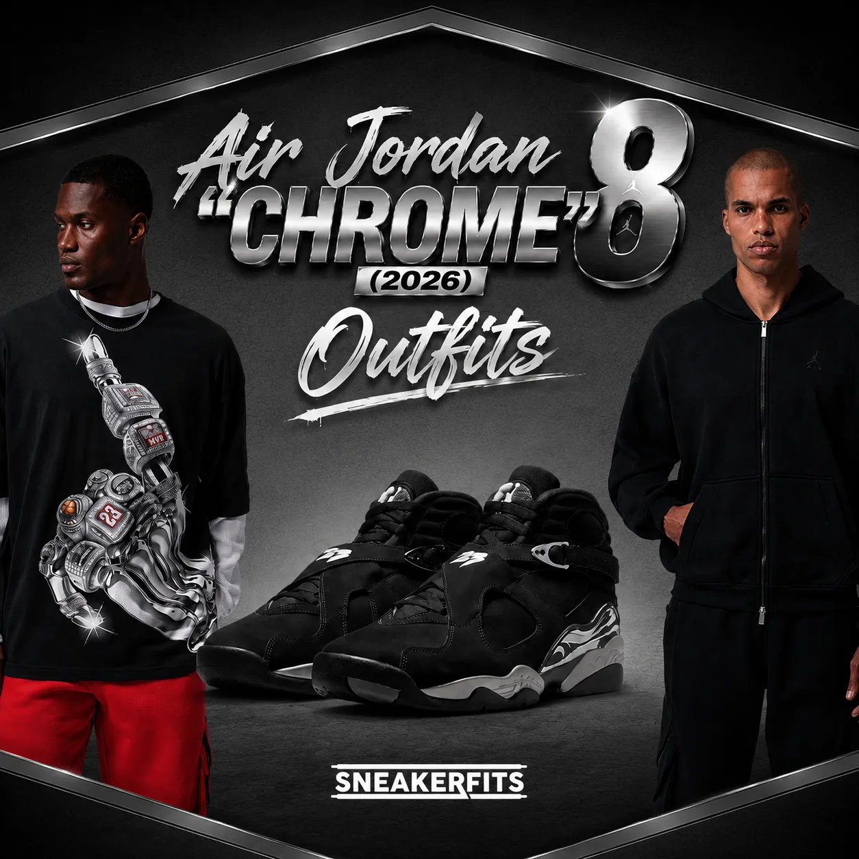 Air Jordan 8 Chrome (2026) sneakers with matching black Jordan apparel outfit ideas.