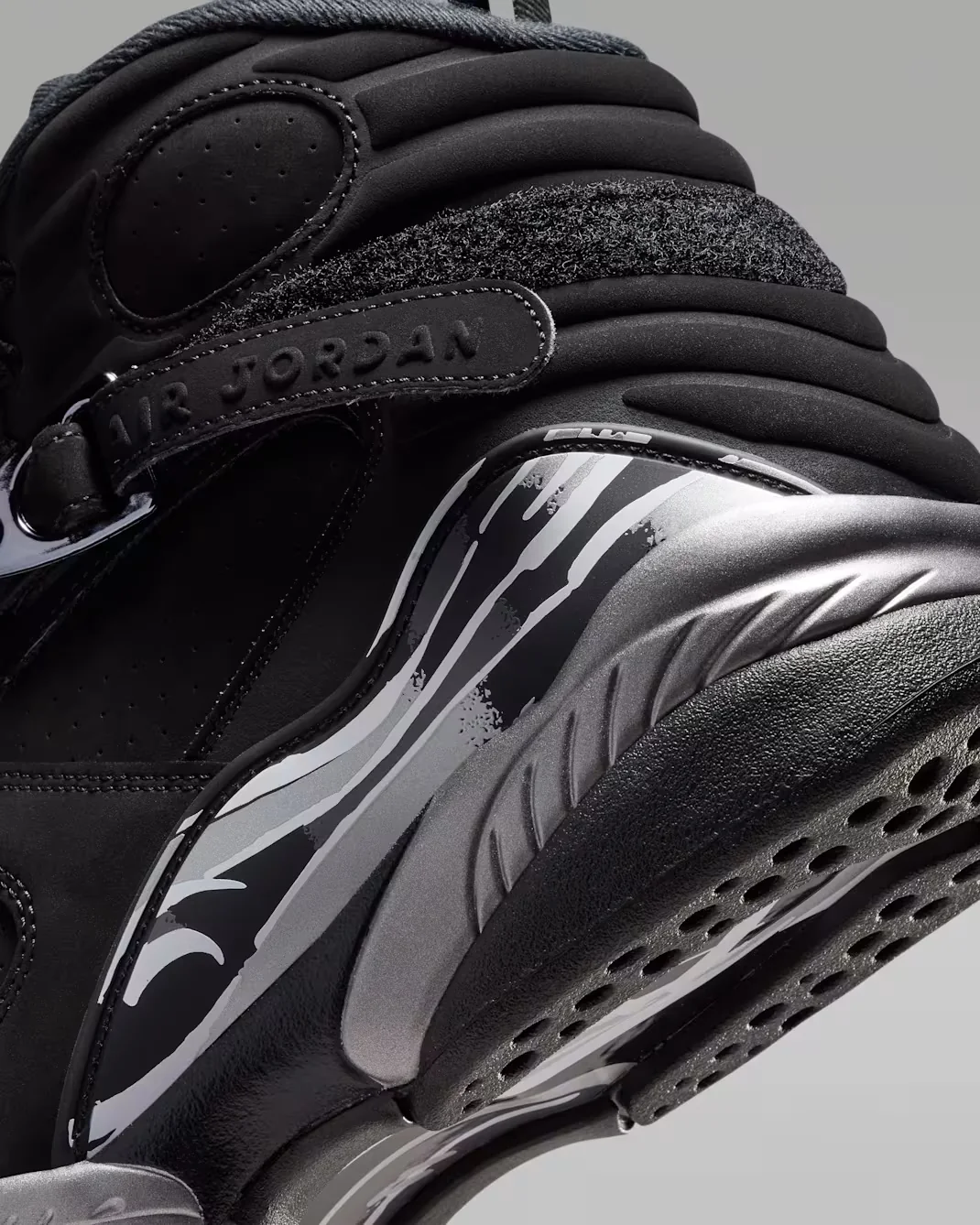 Air Jordan 8 Chrome Black Light Graphite White heel and midsole detail