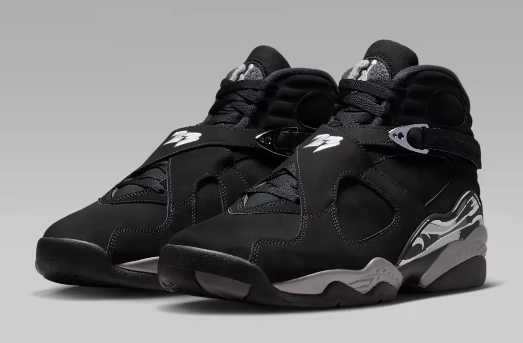 Pair of Air Jordan 8 Chrome Black Light Graphite White sneakers