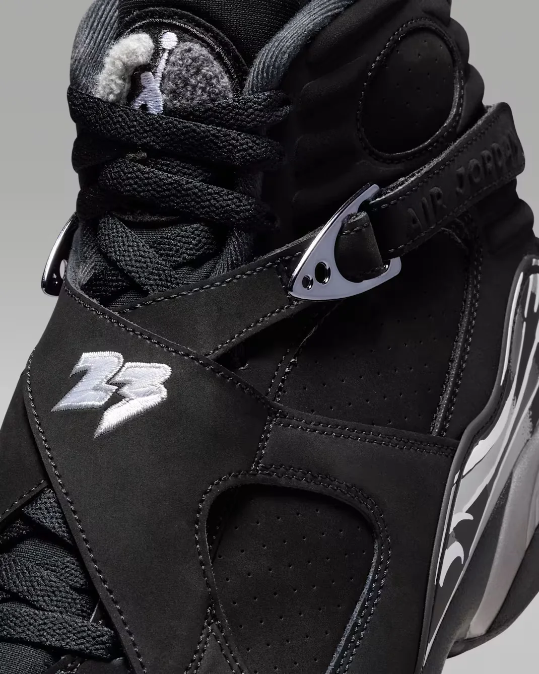Air Jordan 8 Chrome Black Light Graphite White crossover strap detail