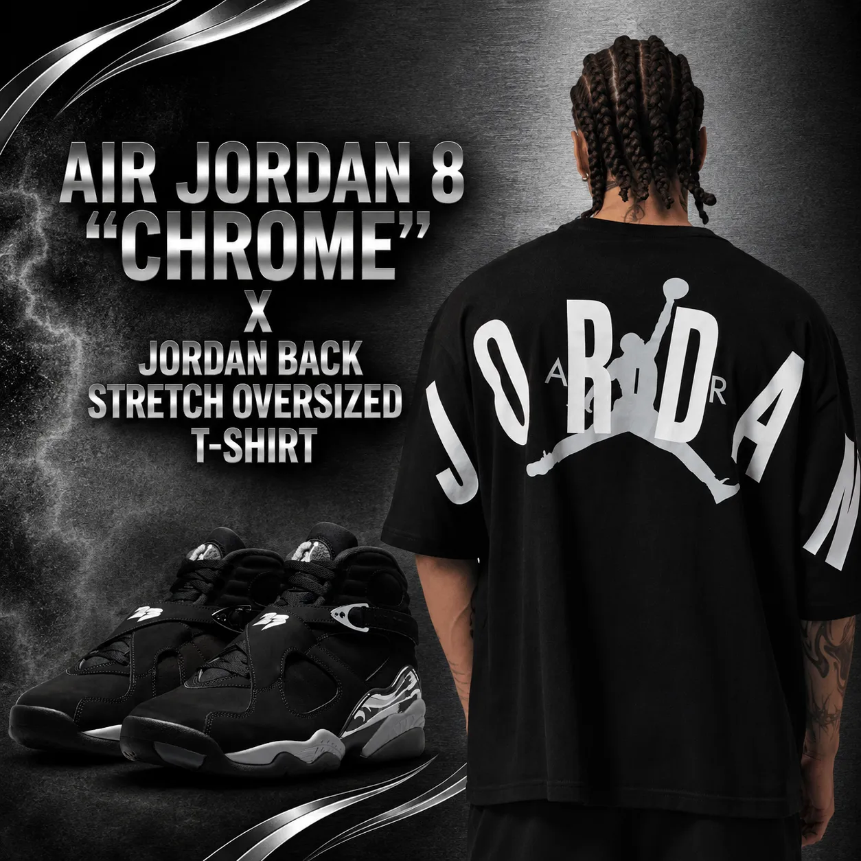 Air Jordan 8 Chrome sneakers paired with the black Jordan Back Stretch Oversized T-Shirt featuring silver Jordan graphics.