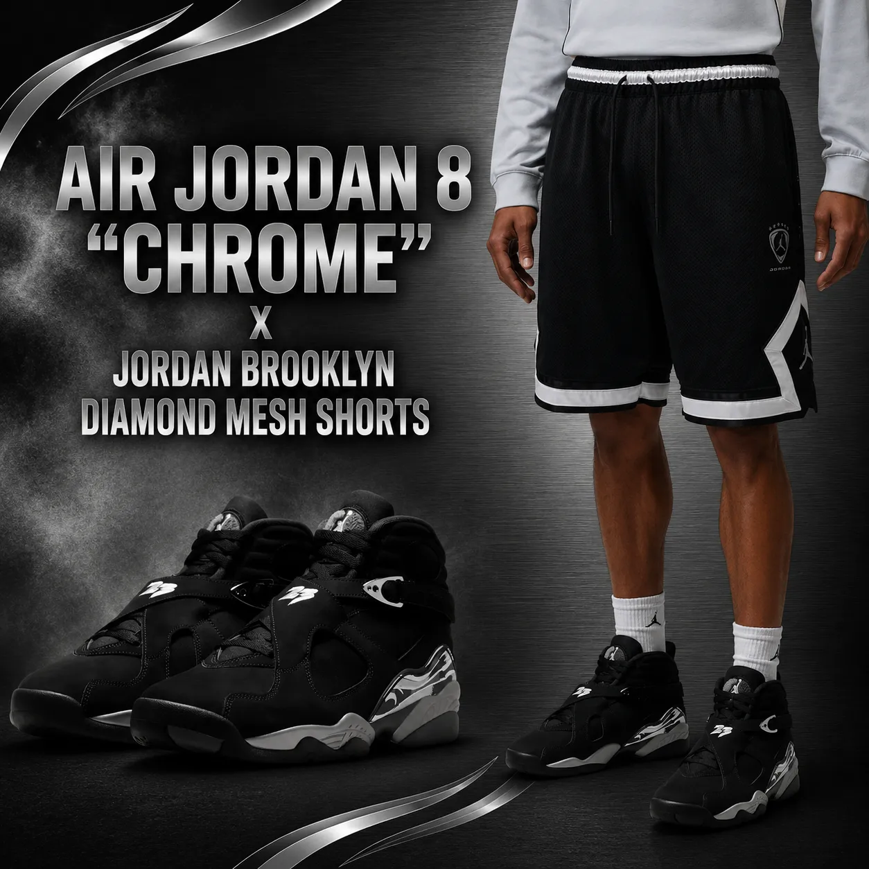 Air Jordan 8 Chrome sneakers paired with black and white Jordan Brooklyn Diamond Mesh Shorts.