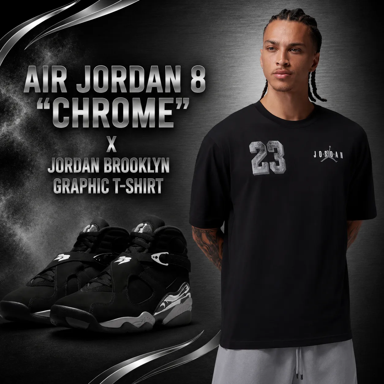 Air Jordan 8 Chrome sneakers with a black Jordan Brooklyn Graphic T-Shirt featuring silver 23 and Jumpman graphics.