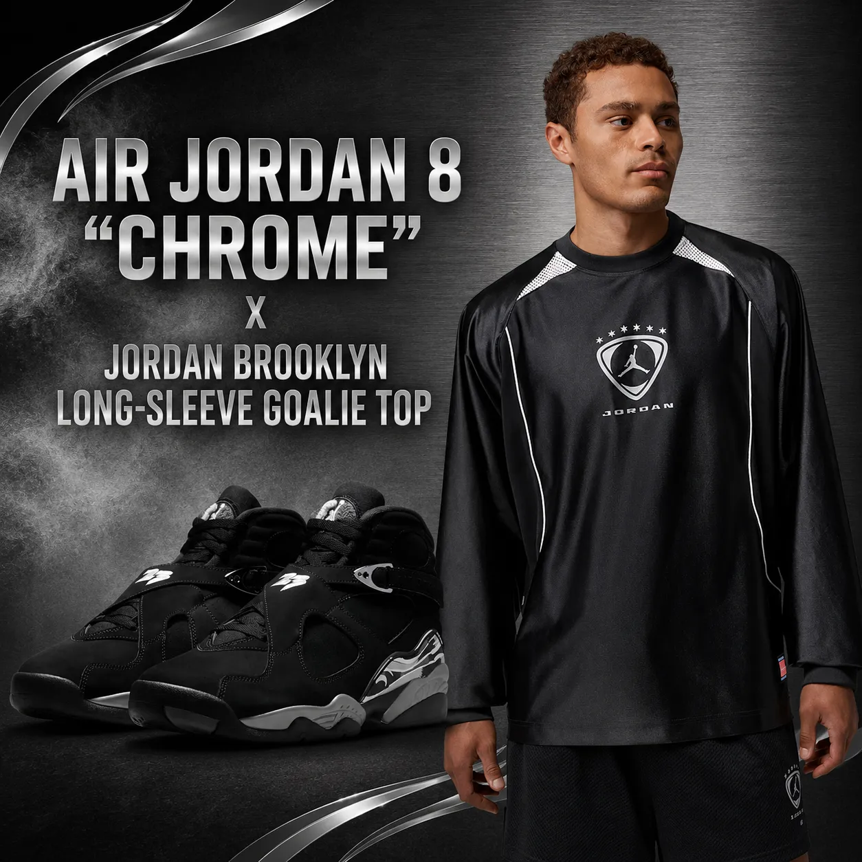 ir Jordan 8 Chrome sneakers with Jordan Brooklyn Long-Sleeve Goalie Top in black and white.