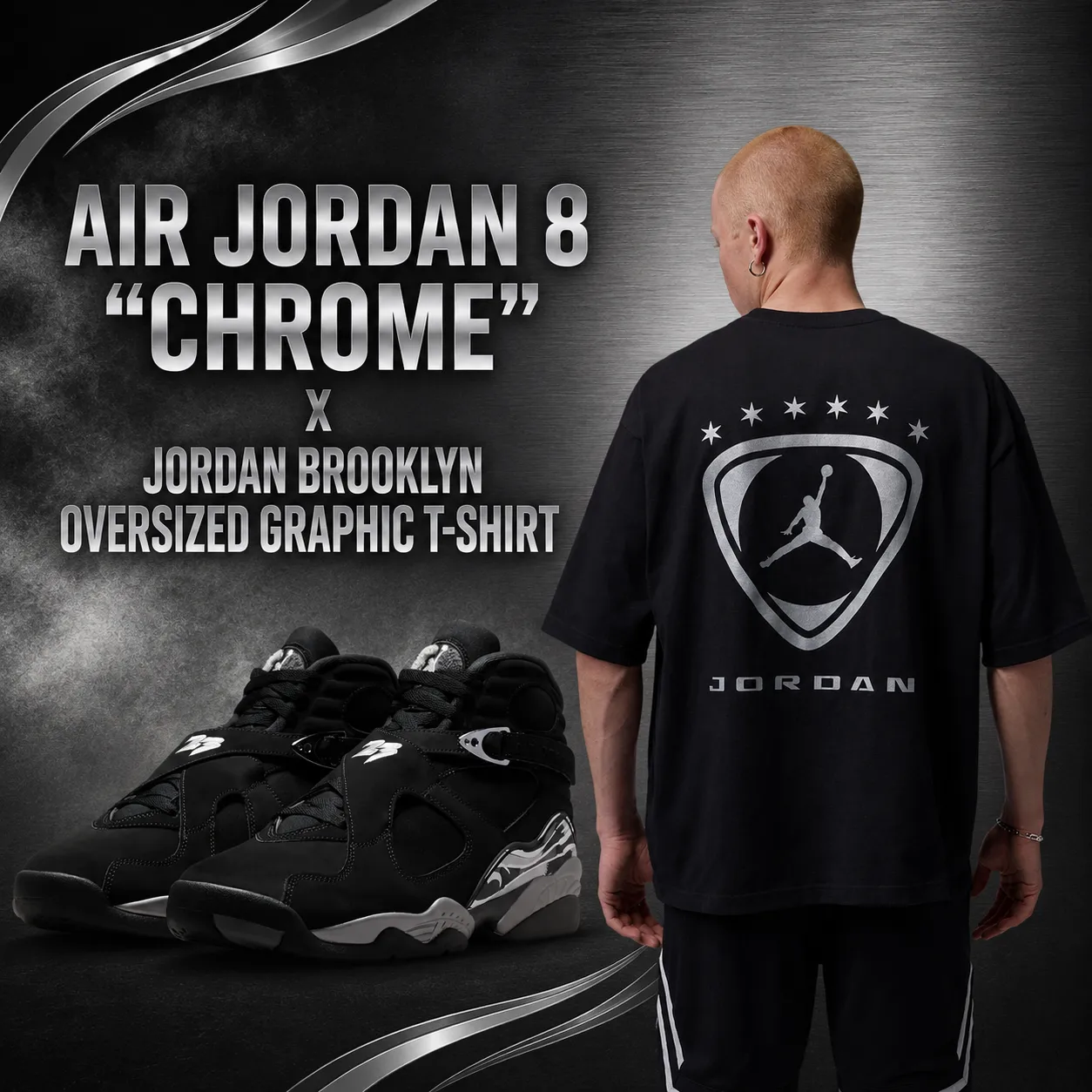 Air Jordan 8 Chrome sneakers paired with the black Jordan Brooklyn Oversized Graphic T-Shirt featuring a metallic silver Jordan graphic.