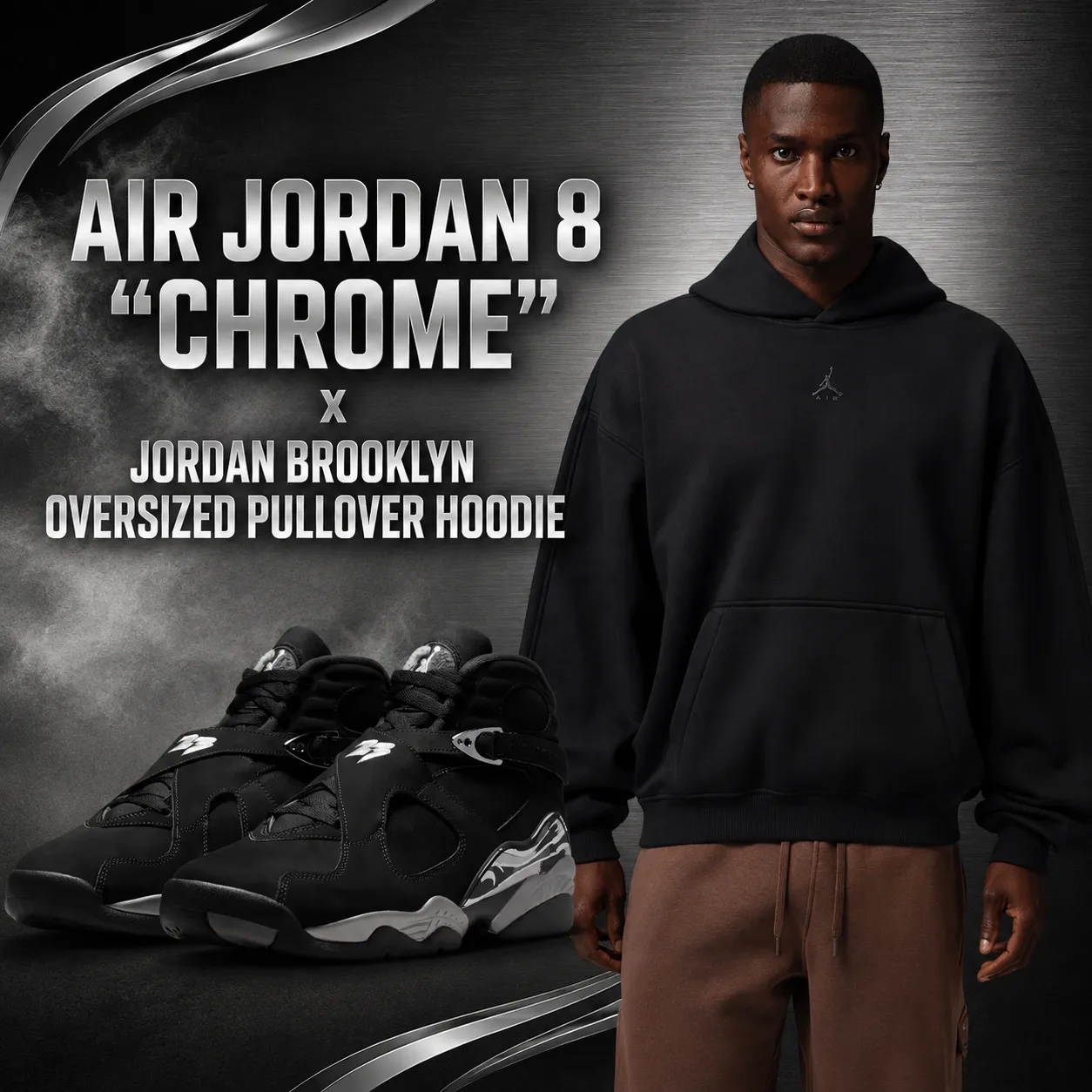 Air Jordan 8 Chrome sneakers with the black Jordan Brooklyn Oversized Pullover Hoodie.