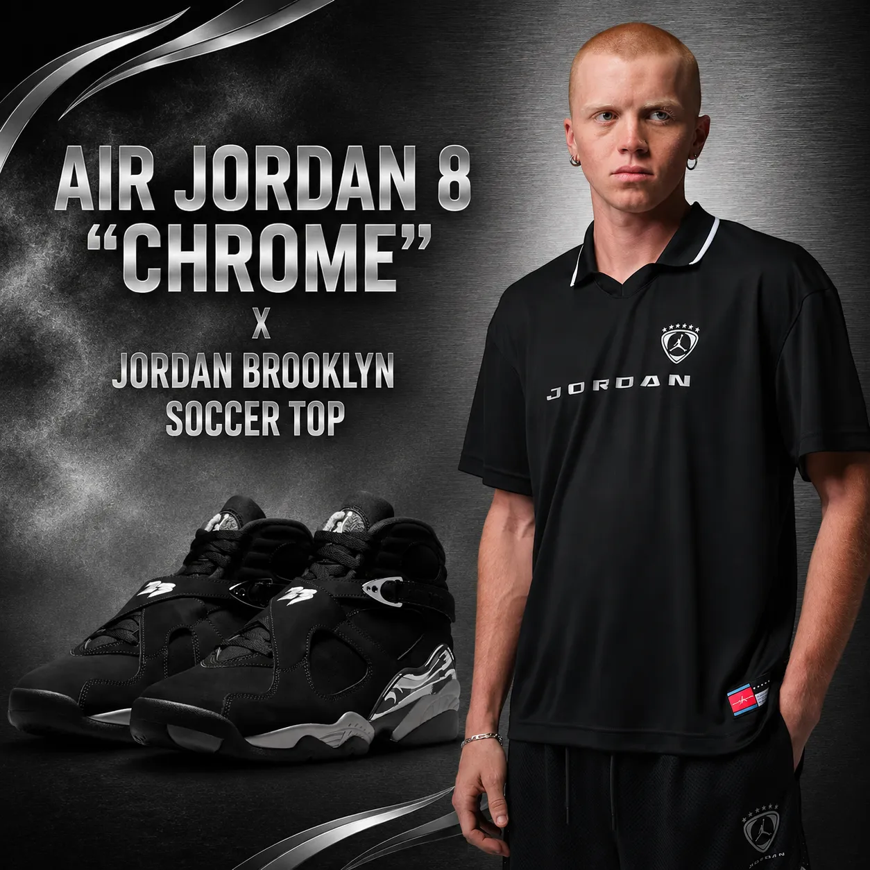 Air Jordan 8 Chrome sneakers paired with the black Jordan Brooklyn Soccer Top.