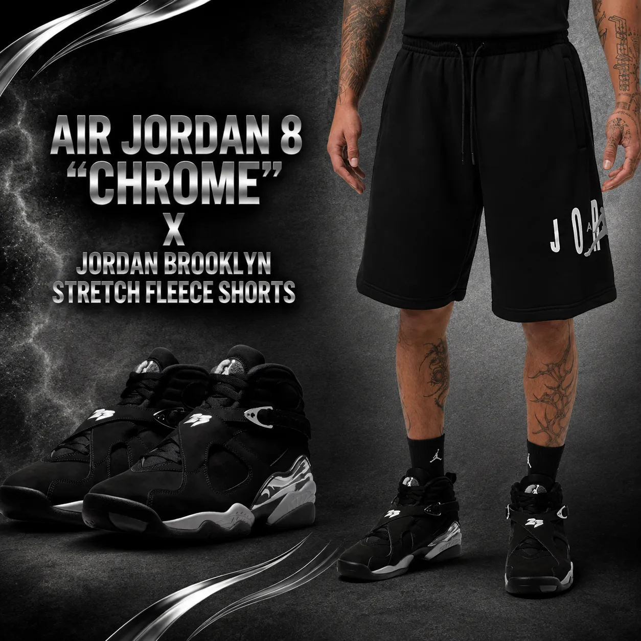 Air Jordan 8 Chrome sneakers paired with black Jordan Brooklyn Stretch Fleece Shorts for a matching outfit.