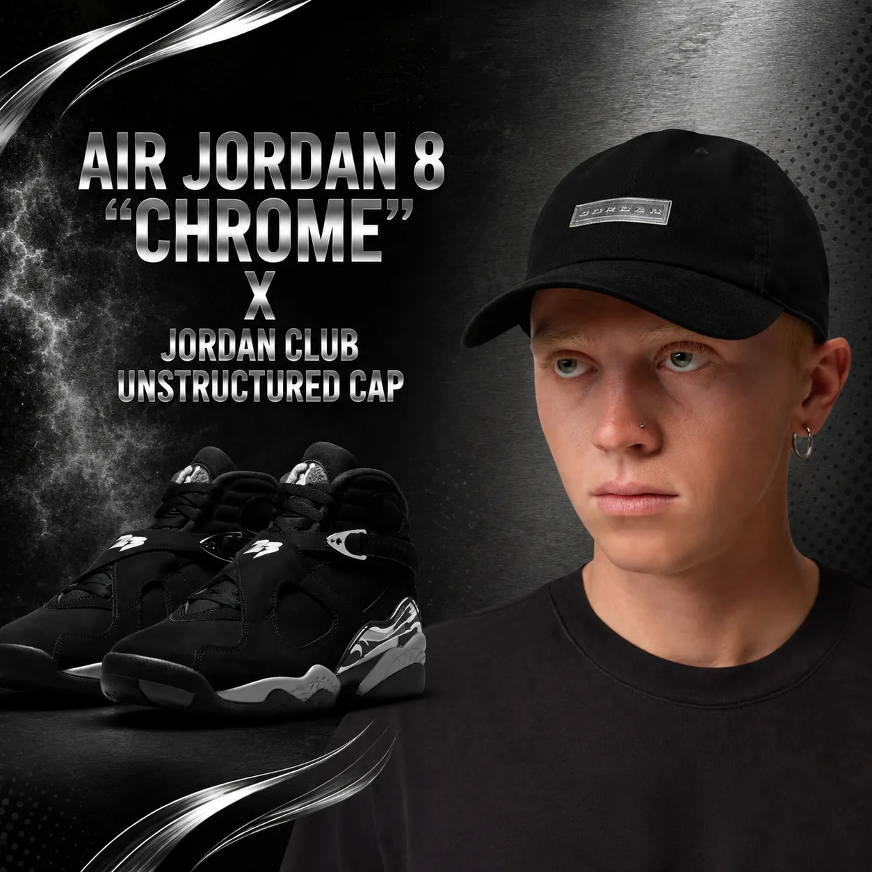 Air Jordan 8 Chrome sneakers paired with a black Jordan Club Unstructured Cap.