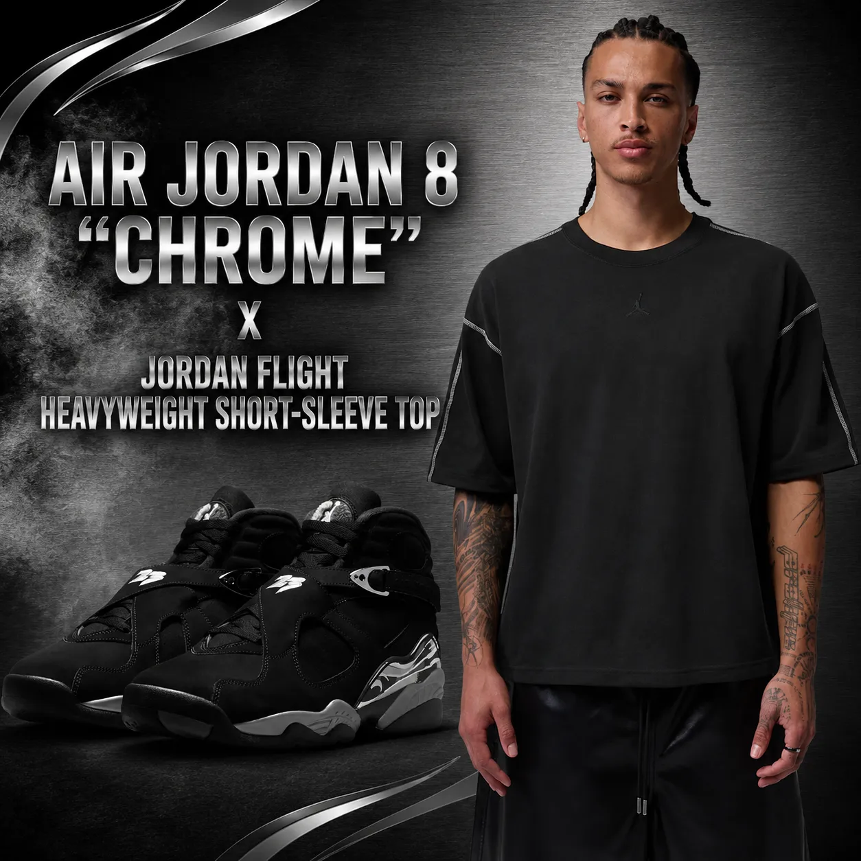 Air Jordan 8 Chrome sneakers paired with the black Jordan Flight Heavyweight Short-Sleeve Top.