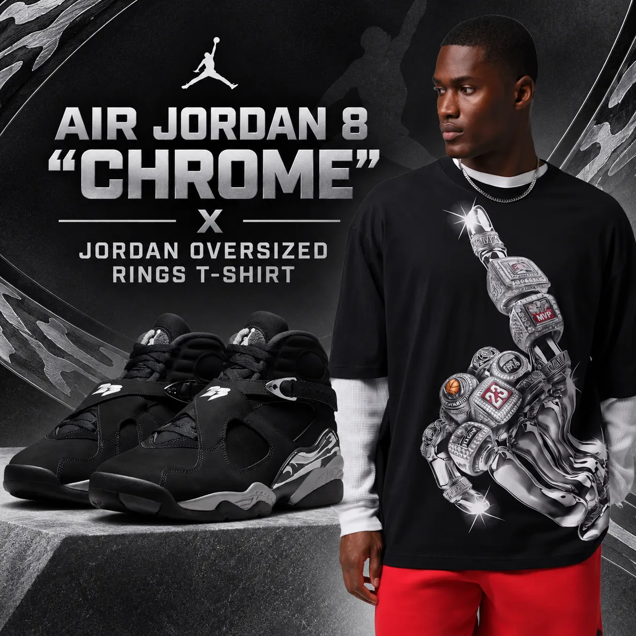 Air Jordan 8 Chrome sneakers with Jordan Oversized Rings T-Shirt in black and metallic silver