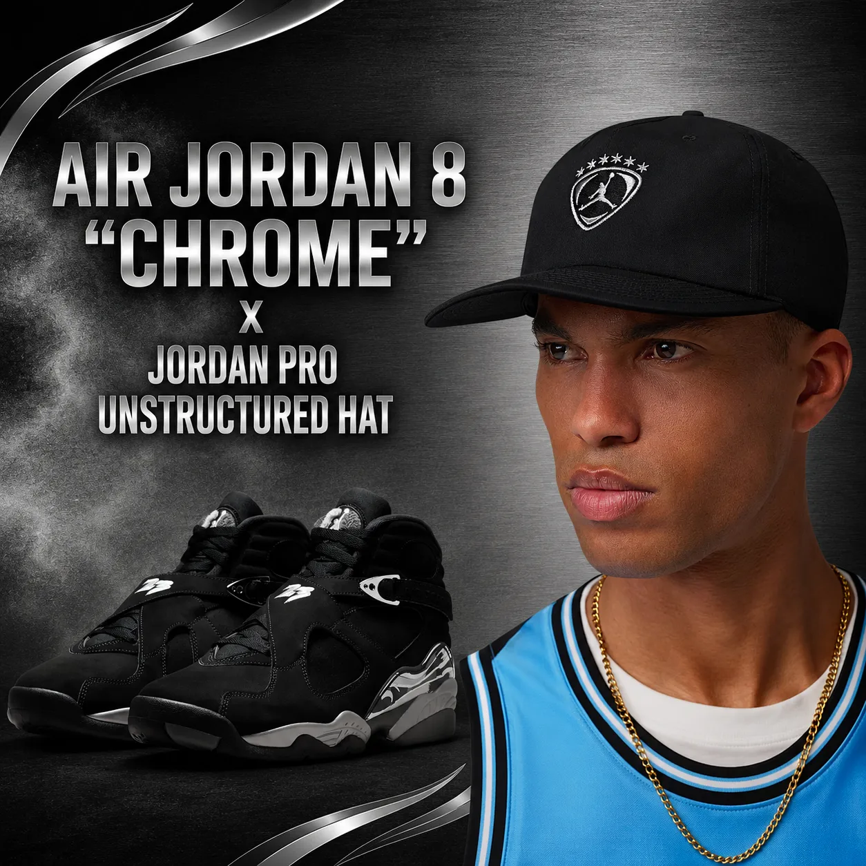 Air Jordan 8 Chrome sneakers paired with the black Jordan Pro Unstructured Hat.