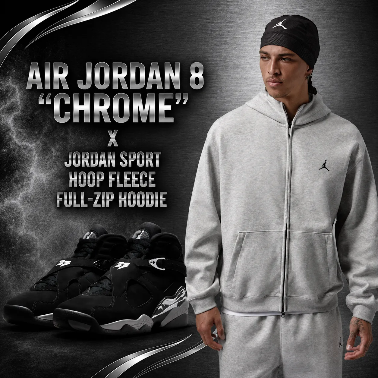 Air Jordan 8 Chrome sneakers with the Jordan Sport Hoop Fleece Full-Zip Hoodie in grey.