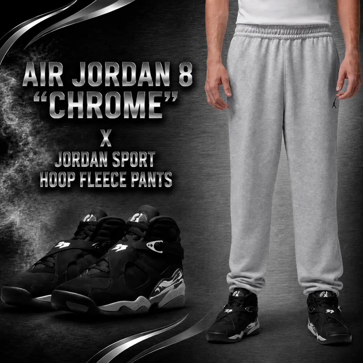 Air Jordan 8 Chrome sneakers styled with grey Jordan Sport Hoop Fleece Pants.