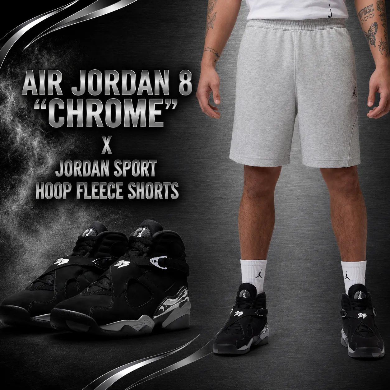 Air Jordan 8 Chrome sneakers paired with grey Jordan Sport Hoop Fleece Shorts.