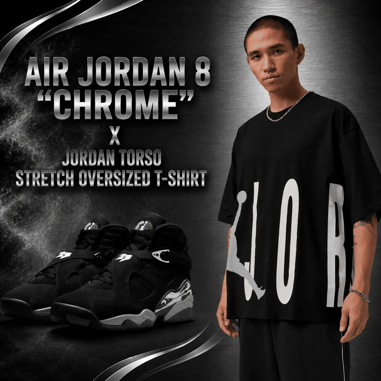 Air Jordan 8 Chrome sneakers paired with the black Jordan Torso Stretch Oversized T-Shirt.
