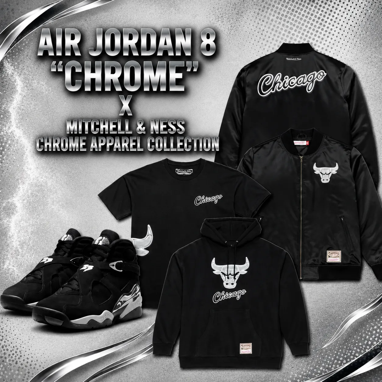 Air Jordan 8 “Chrome” sneakers with matching black and chrome Mitchell & Ness Chicago Bulls T-shirt, hoodie and jackets.