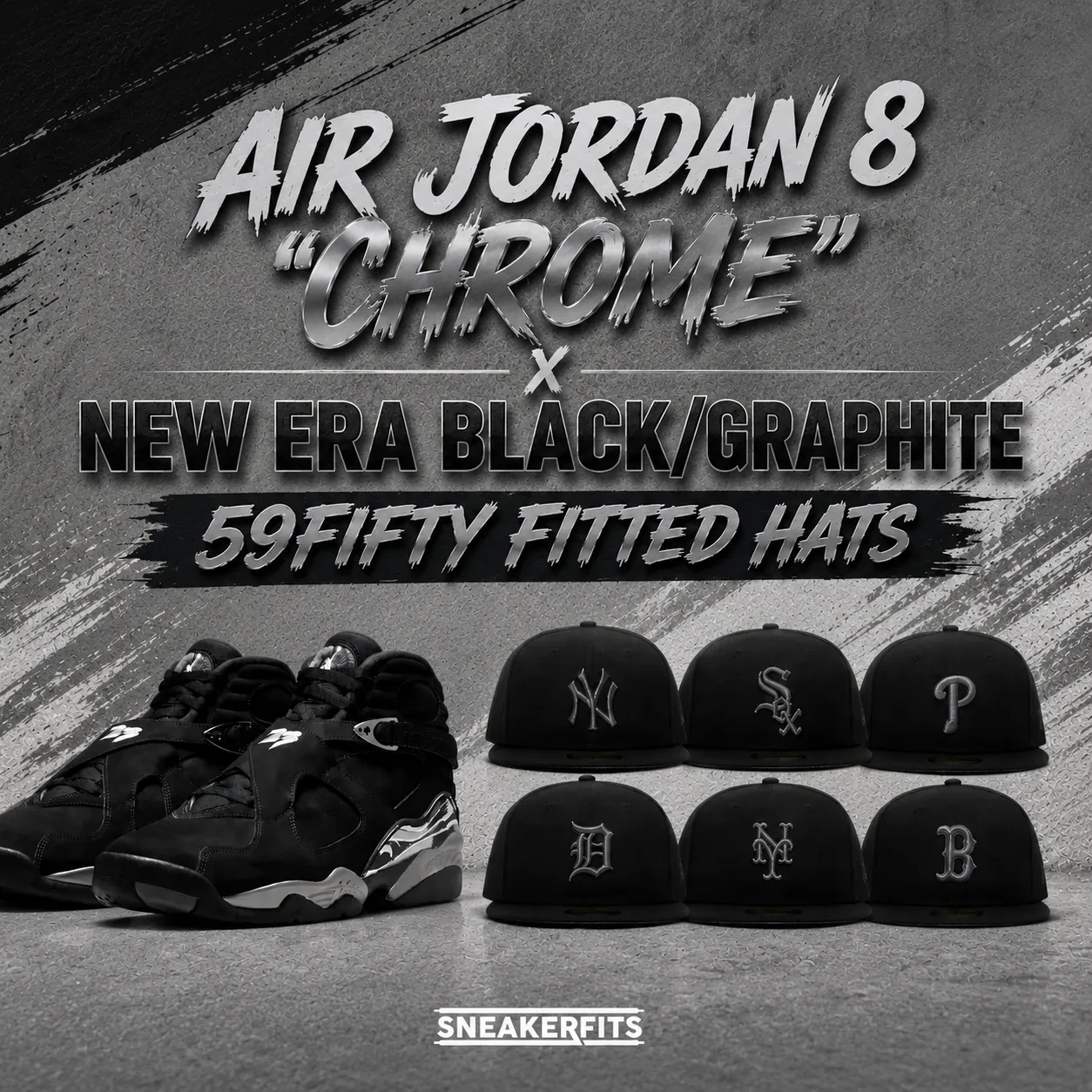 Air Jordan 8 “Chrome” sneakers with matching New Era Black/Graphite 59FIFTY fitted hats.