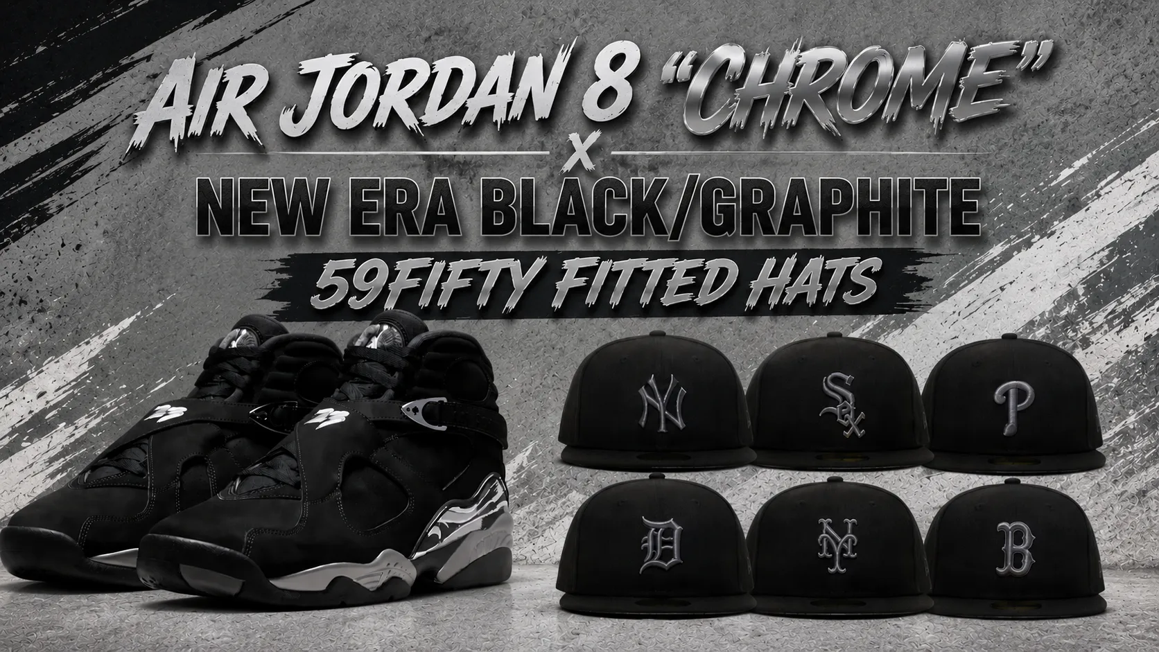 Air Jordan 8 Chrome sneakers with matching New Era Black/Graphite 59FIFTY fitted hats.