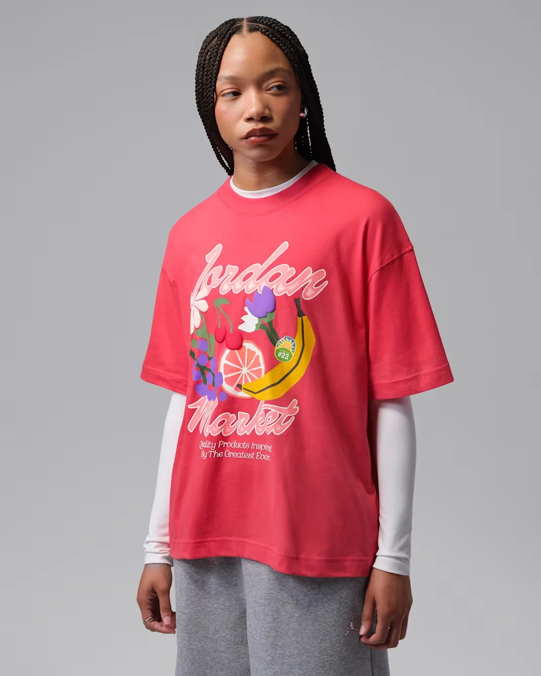 Air Jordan Women’s Market Oversized T-Shirt in Track Red with colorful graphic