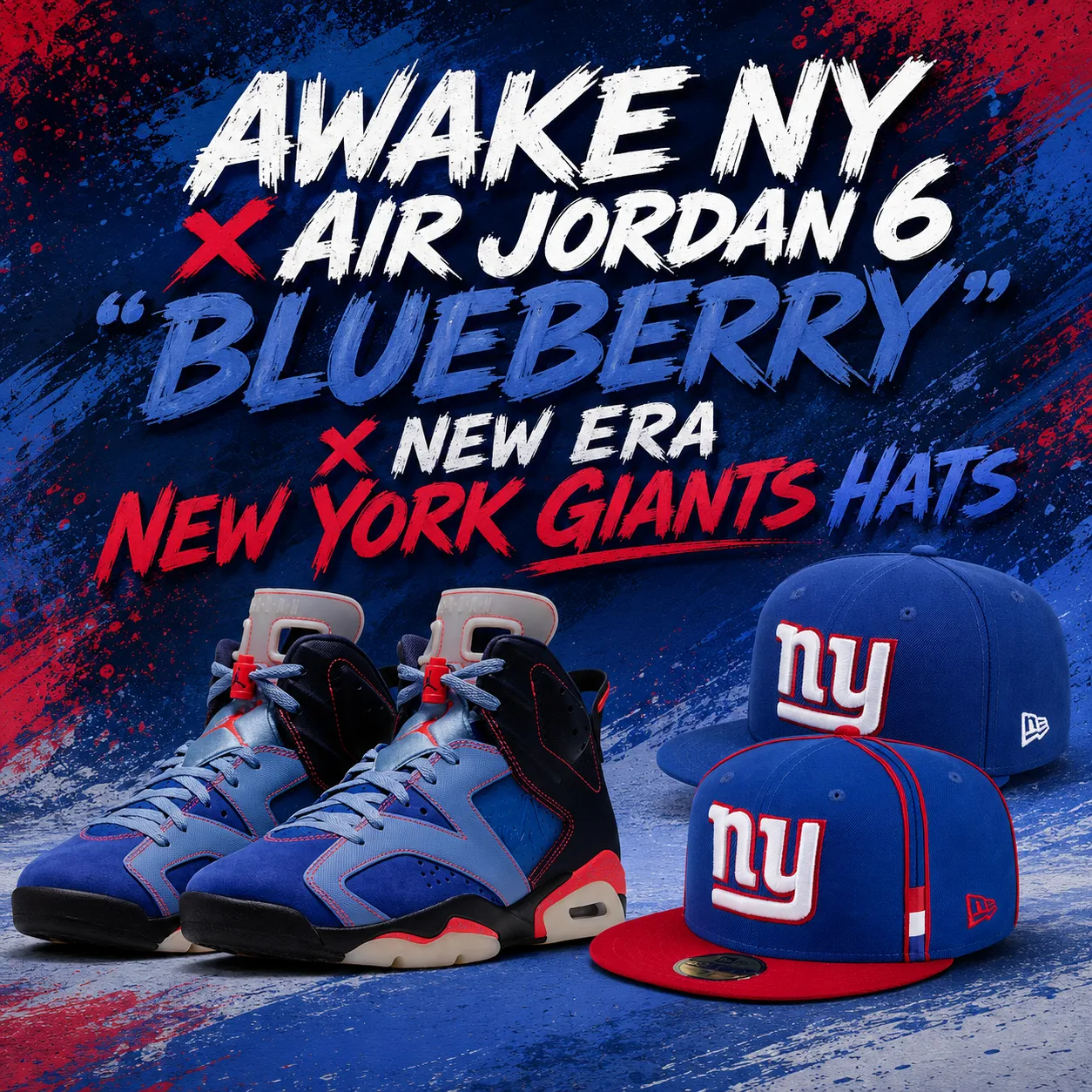 AWAKE NY x Air Jordan 6 “Blueberry” sneakers with matching blue and red New Era New York Giants fitted hats.