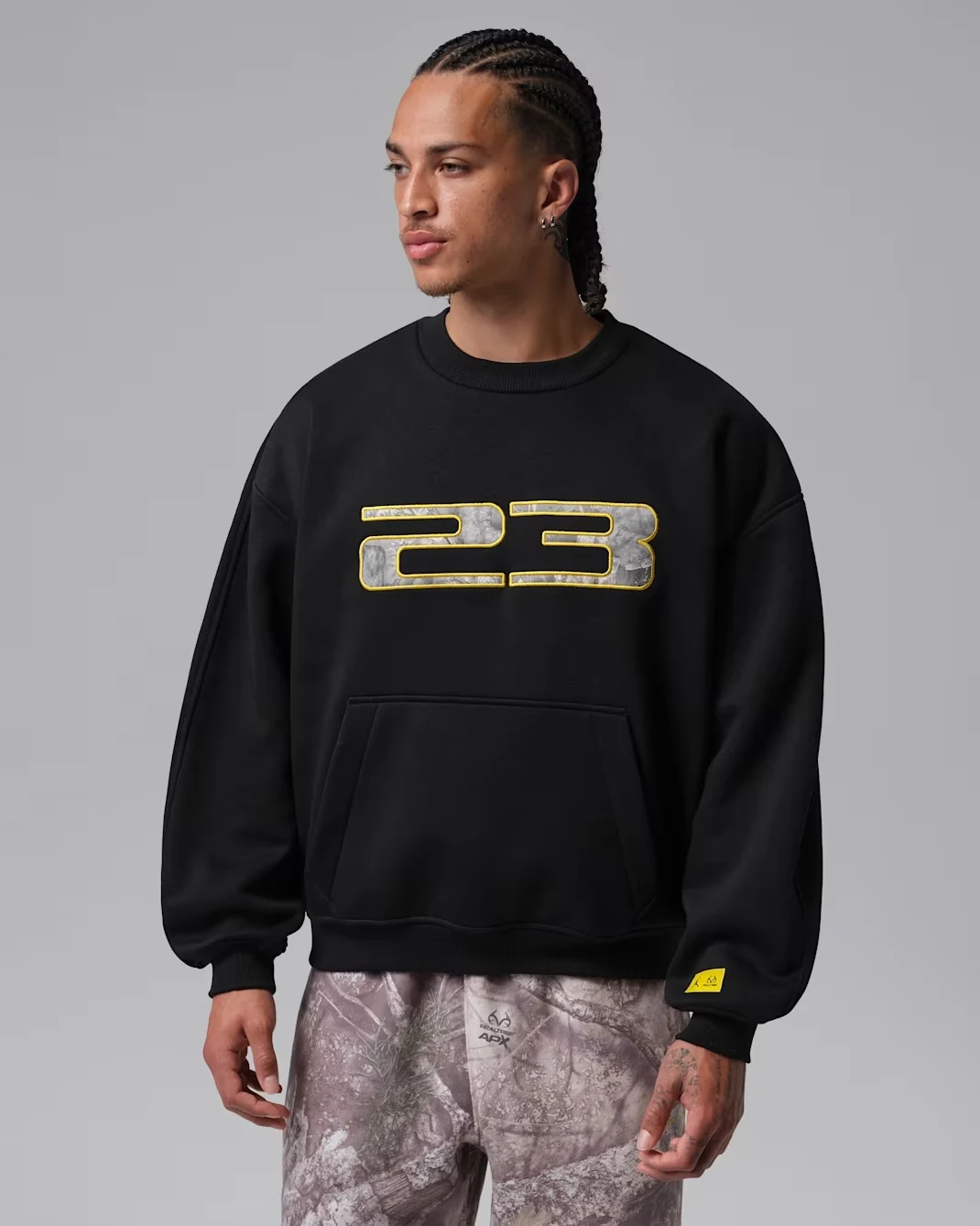 Jordan Brooklyn Realtree black fleece crew sweatshirt with grey 23 graphic and yellow accents