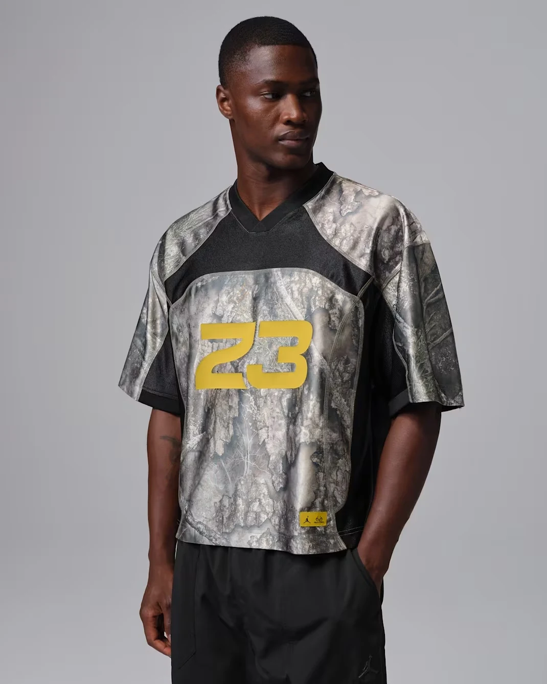 Jordan Brooklyn Realtree grey and black jersey top with yellow 23 graphic