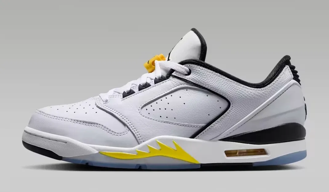 Jordan Sixty Plus Low Tour Yellow in White, Tour Yellow and Black lateral side view.