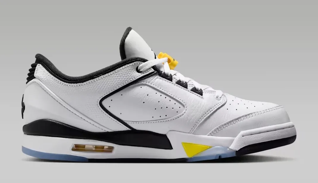 Jordan Sixty Plus Low Tour Yellow in White, Tour Yellow and Black medial side view.