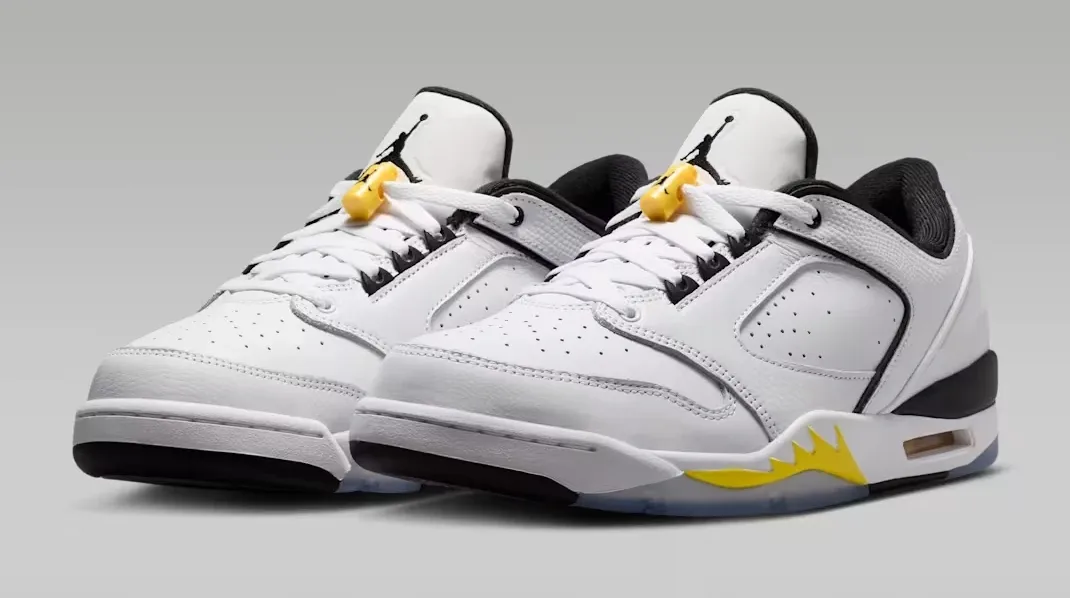 Pair of Jordan Sixty Plus Low Tour Yellow sneakers in White, Tour Yellow and Black.