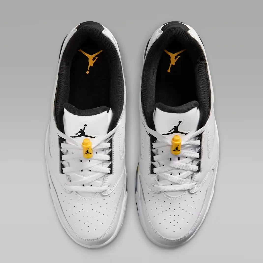 Top view of the Jordan Sixty Plus Low Tour Yellow with White laces and Tour Yellow lace locks.