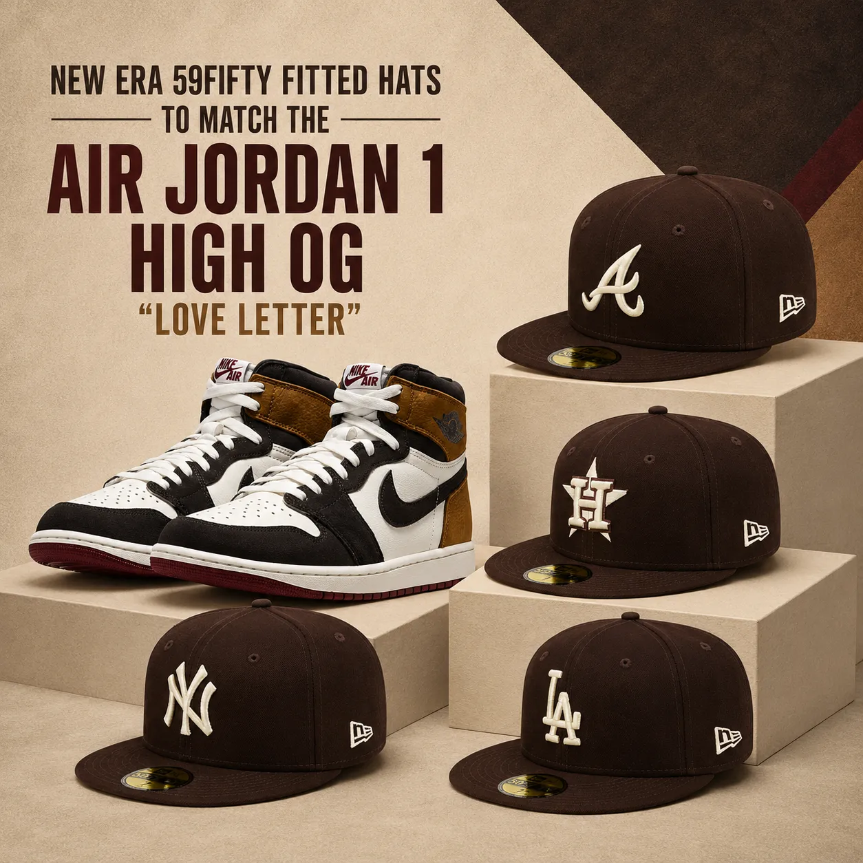 New Era 59FIFTY fitted hats from the Atlanta Braves, Houston Astros, New York Yankees and Los Angeles Dodgers paired with the Air Jordan 1 High OG "Love Letter" sneakers.