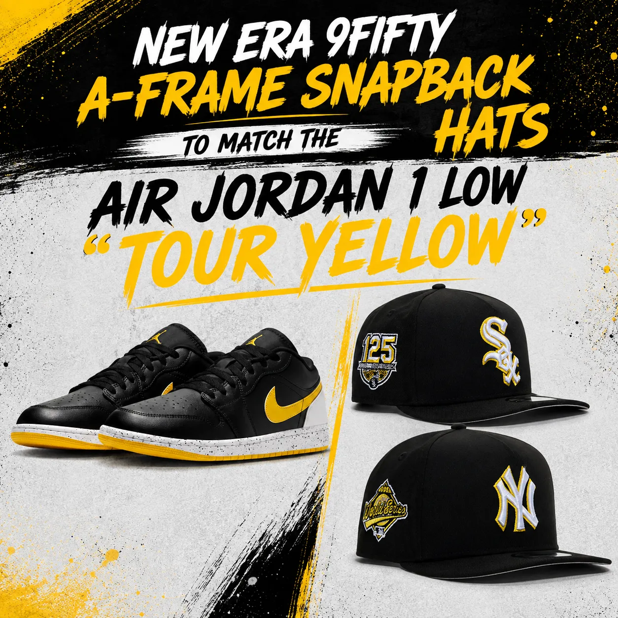 New Era 9FIFTY A-Frame snapback hats in black, white and yellow to match the Air Jordan 1 Low Tour Yellow.