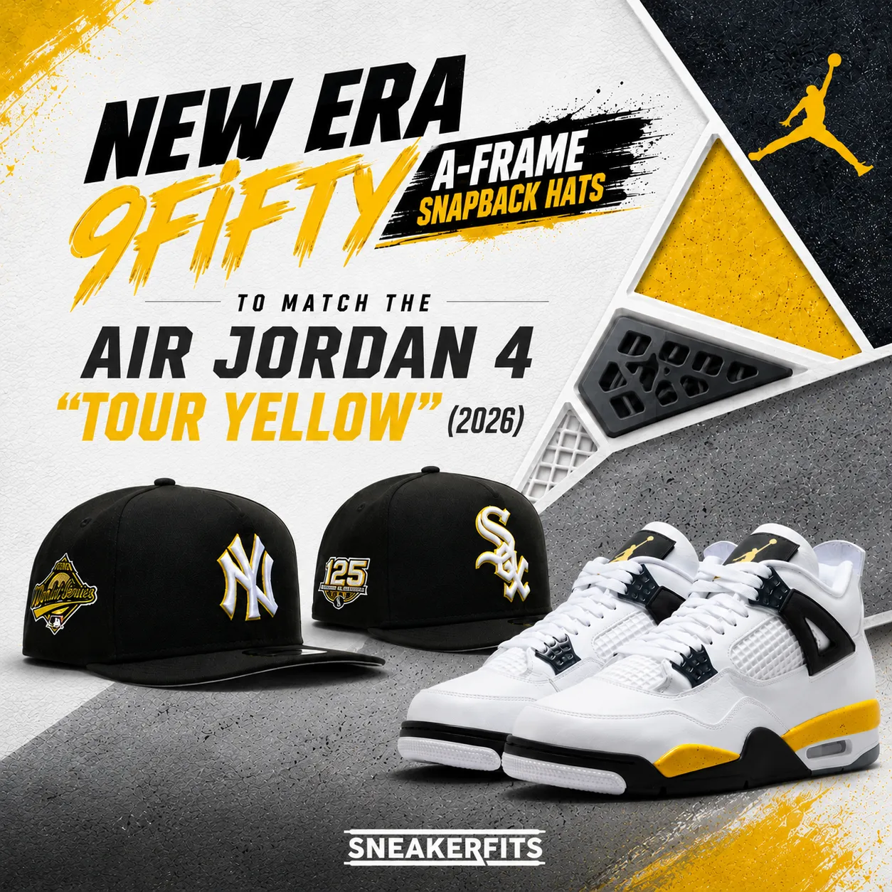 New Era Yankees and White Sox 9FIFTY A-Frame snapback hats with the Air Jordan 4 Tour Yellow sneakers.