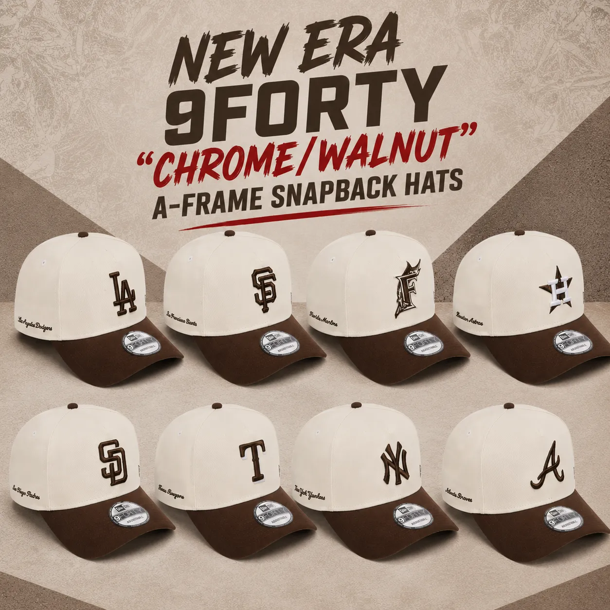 New Era 9FORTY Chrome/Walnut A-Frame Snapback Hats featuring MLB team logos in cream and brown.