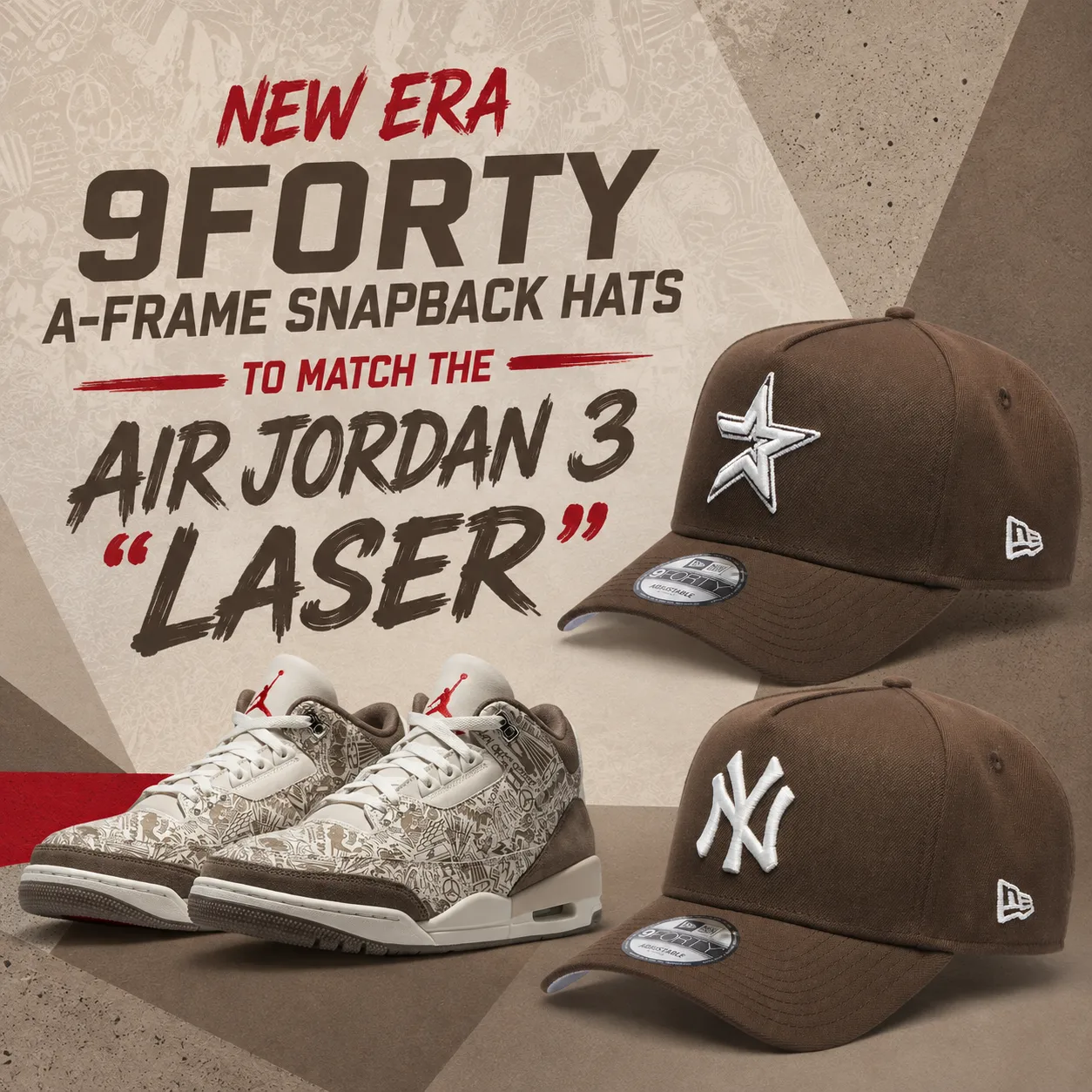 New Era 9FORTY A-Frame snapback hats in brown paired with the Air Jordan 3 Laser sneakers.