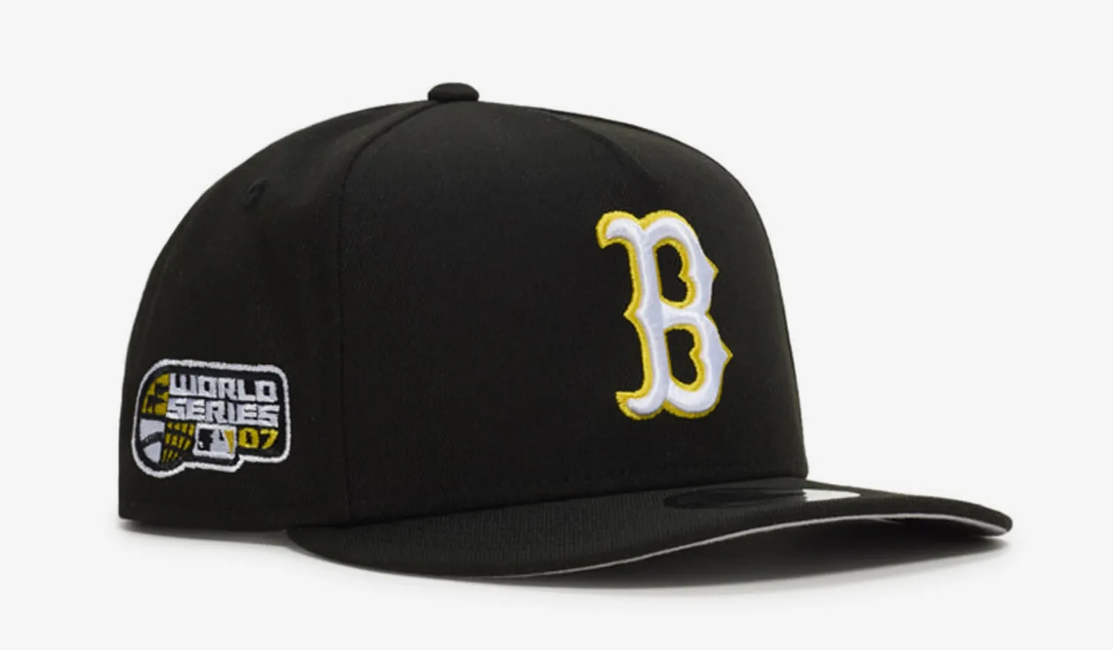 Black New Era Boston Red Sox 9FIFTY A-Frame snapback hat with white and Sunshine Yellow accents.