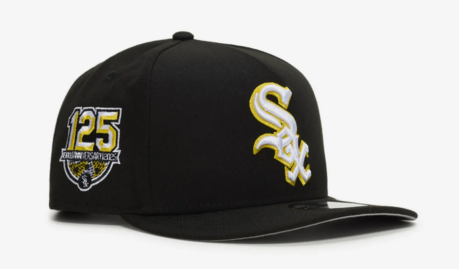 Black New Era Chicago White Sox 9FIFTY A-Frame snapback hat with white and Sunshine Yellow accents.