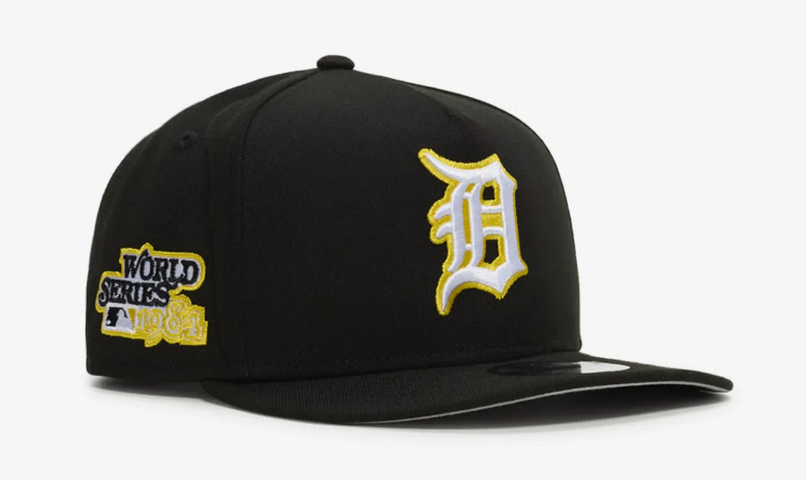 Black New Era Detroit Tigers 9FIFTY A-Frame snapback hat with white and Sunshine Yellow accents.