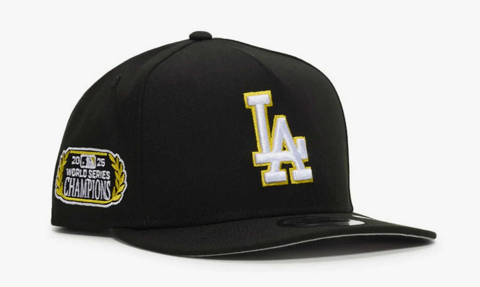Black New Era Los Angeles Dodgers 9FIFTY A-Frame snapback hat with white and Sunshine Yellow accents.