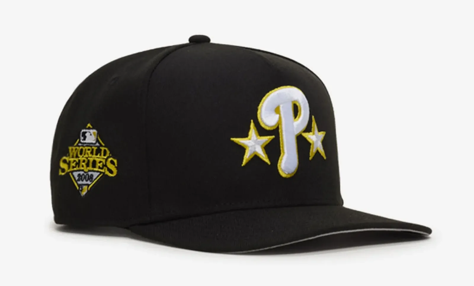 Black New Era Philadelphia Phillies 9FIFTY A-Frame snapback hat with white and Sunshine Yellow accents.