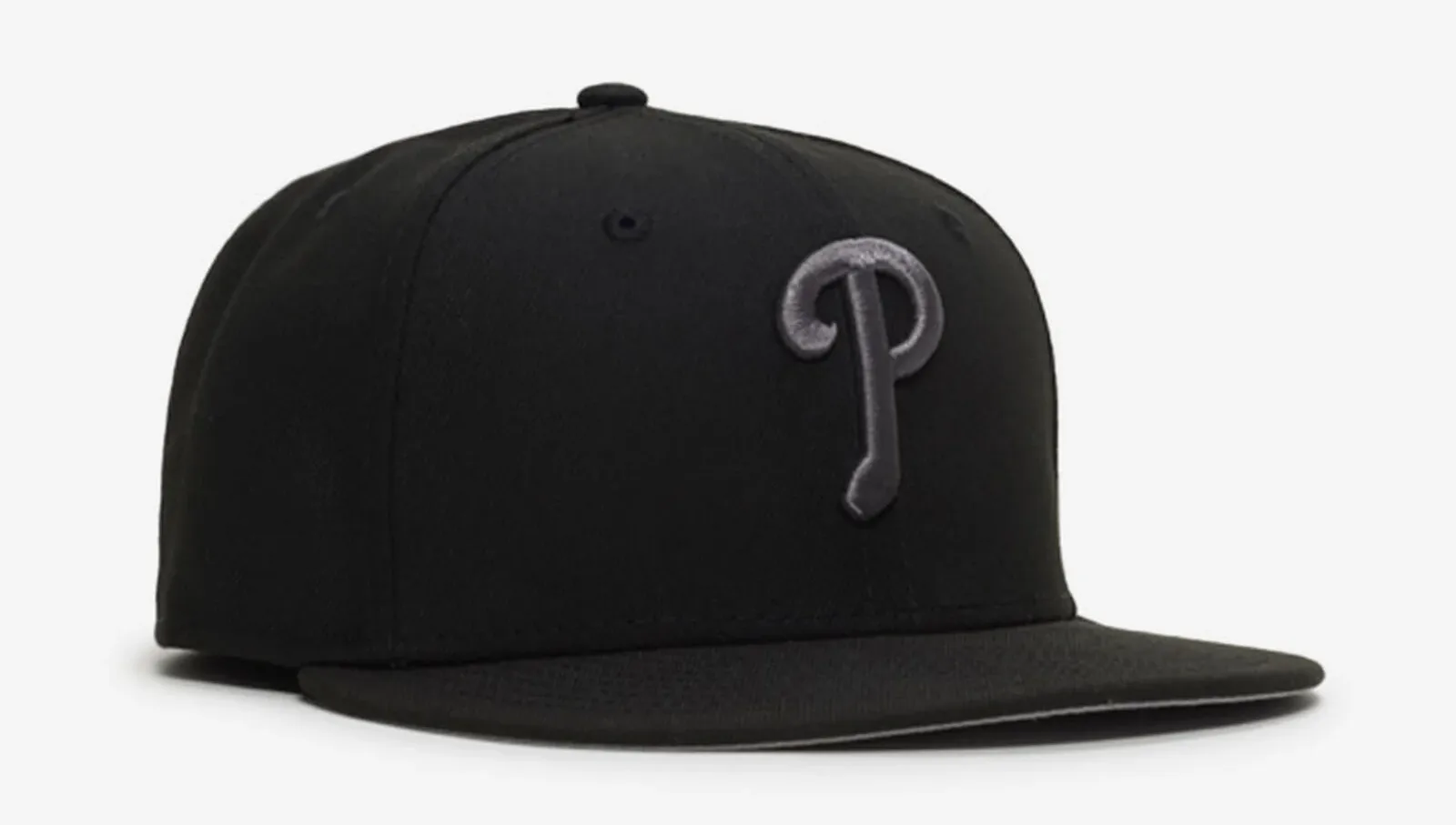 New Era Philadelphia Phillies Black/Graphite 59FIFTY fitted hat with graphite Phillies logo.
