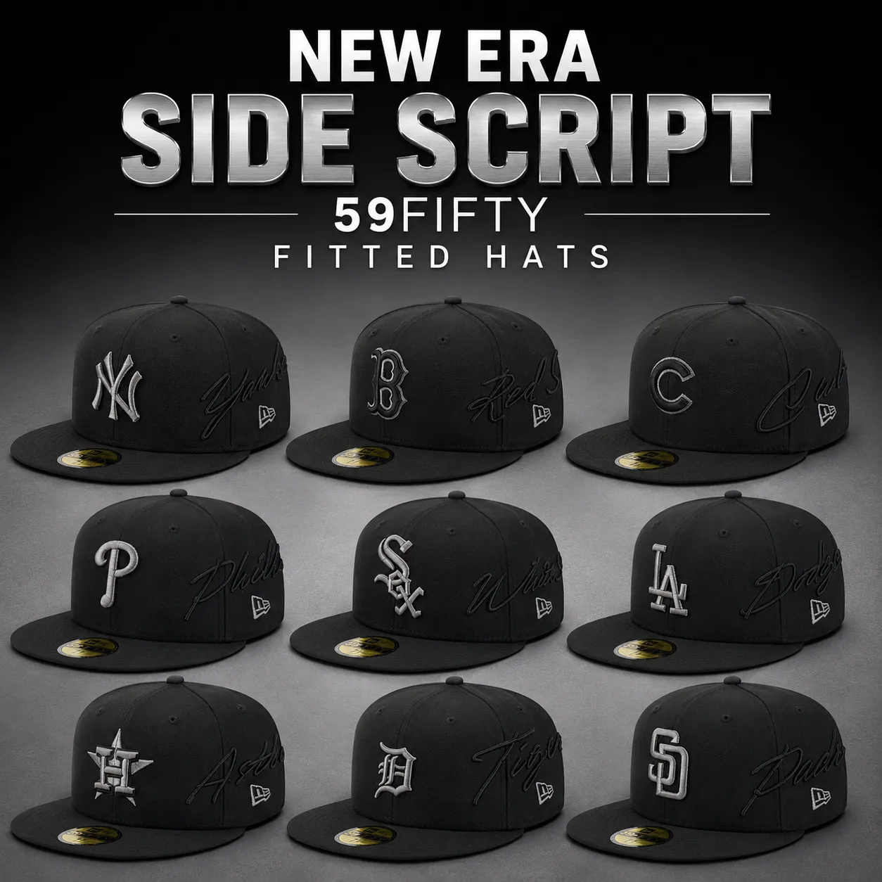 New Era Side Script 59FIFTY fitted hats in black with grey team logos and tonal side embroidery.