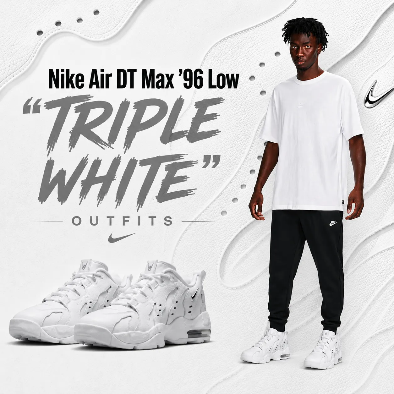 Nike Air DT Max '96 Low "Triple White" sneakers with matching Nike Sportswear outfit inspiration featuring a white T-shirt and black joggers.