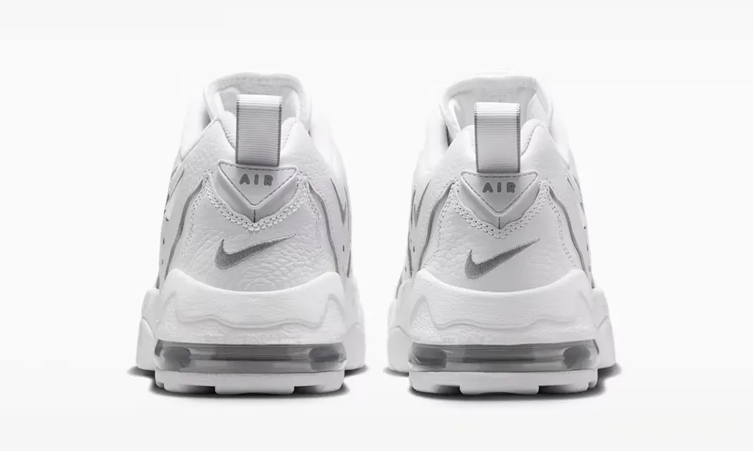 Heel view of the Nike Air DT Max '96 Low "Triple White" showing rear branding and visible Air unit.