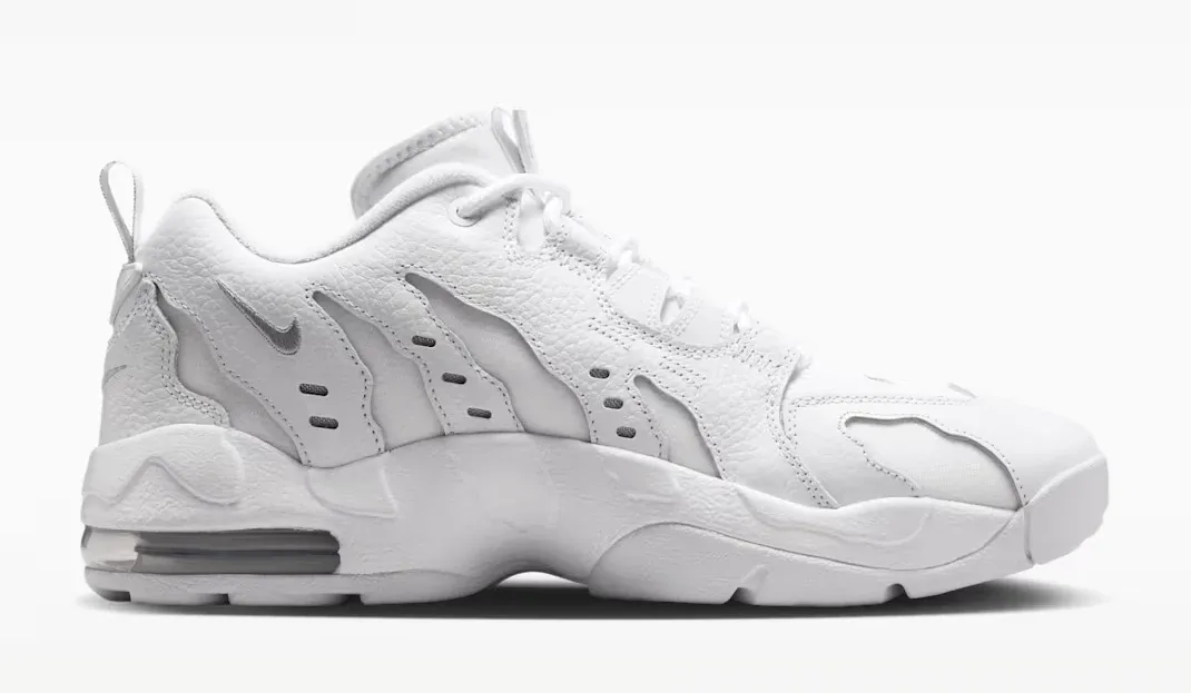 Medial side view of the Nike Air DT Max '96 Low "Triple White" in White, Light Smoke Grey and Metallic Silver.