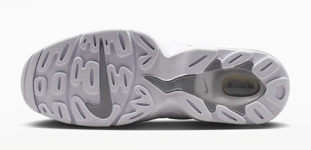 Outsole view of the Nike Air DT Max '96 Low "Triple White" sneaker in White with Light Smoke Grey traction details.