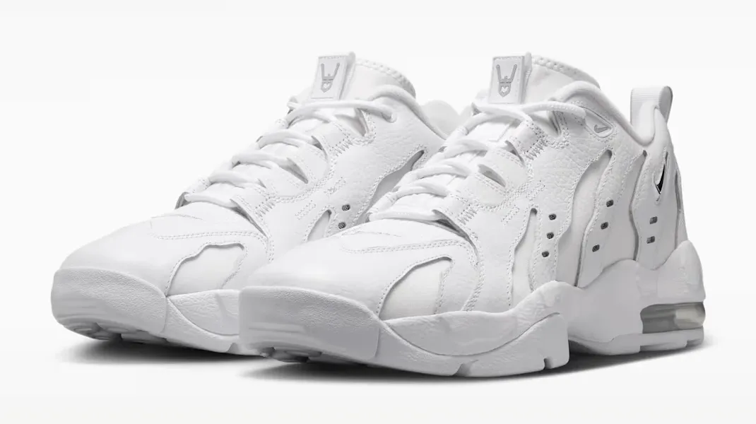 Angled front view of the Nike Air DT Max '96 Low "Triple White" sneakers.