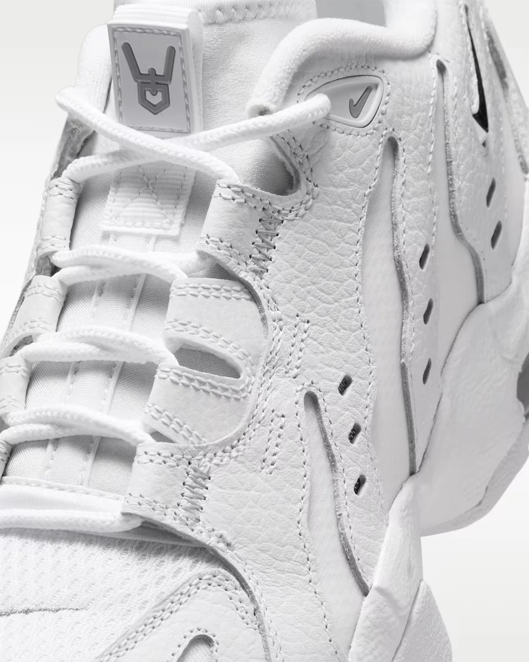 Close-up of the Nike Air DT Max '96 Low "Triple White" upper with White leather and Light Smoke Grey accents.