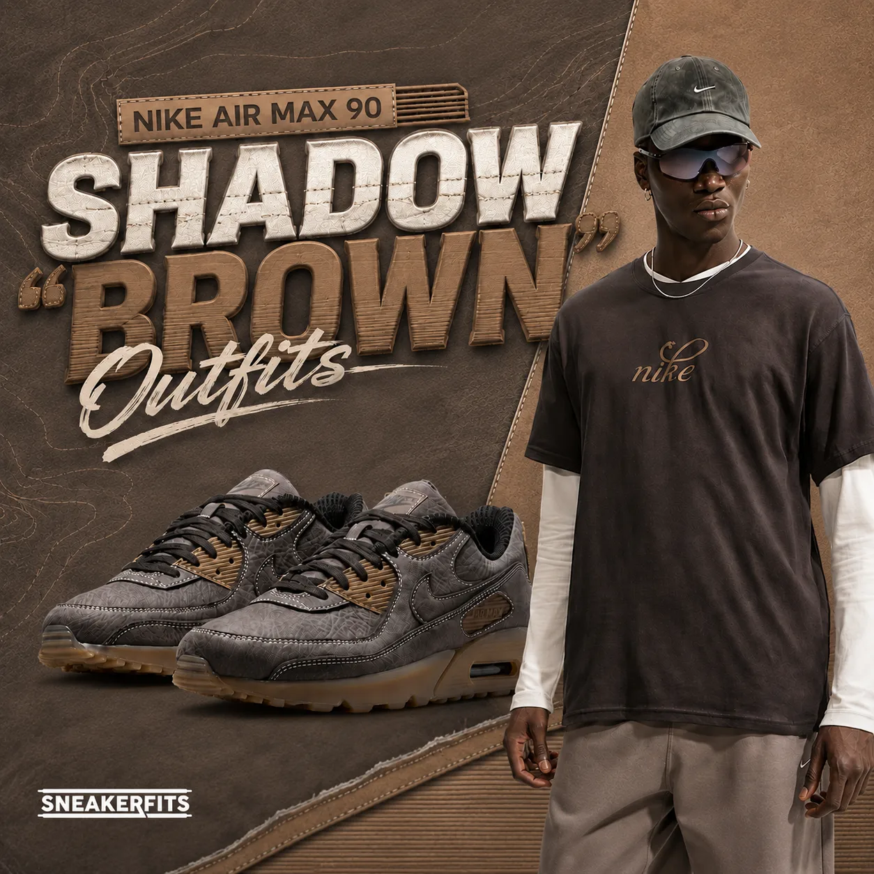 Nike Air Max 90 Shadow Brown sneakers with a matching brown Nike outfit and SneakerFits branding.
